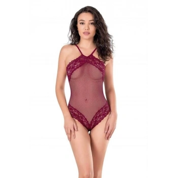 MARSiLYAN- Dantel İşlemeli Bordo File Tül Bodysuit