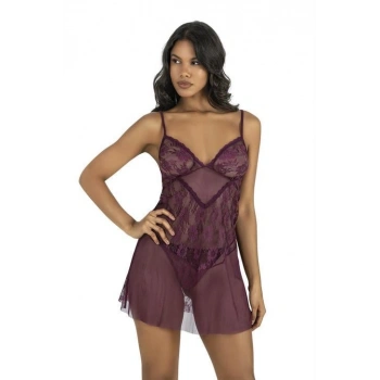 MARSiLYAN-  Dantel İşlemeli Mürdüm Kısa Tül Gecelik