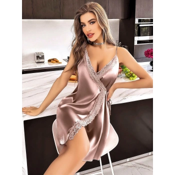 MARSiLYAN-  Dantel Kenarlı İnce Askılı Vizon Mini Saten Gecelik
