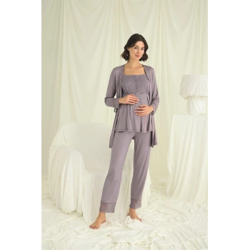 MARSiLYAN-  Dantelli Önü Düğmeli Hamile Lohusa 3lü Pijama Takımı