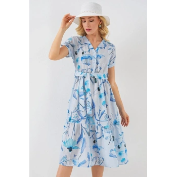 MARSiLYAN- Desenli Kısa Kol Elbise 2558 - Mavi