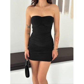 MARSiLYAN- Drapeli Straplez Mini Elbise Esnek Kumaş Vücuda Oturan Gece Elbisesi - Siyah
