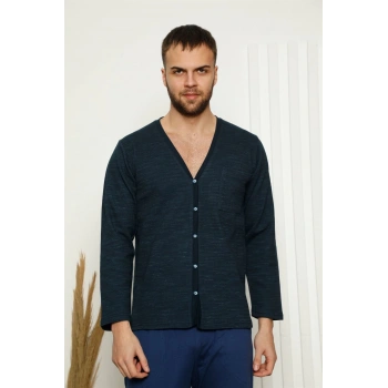 MARSiLYAN- Erkek %100 Pamuk Önden Düğmeli Cepli Uzun Kollu Pijama Takımı Lacivert