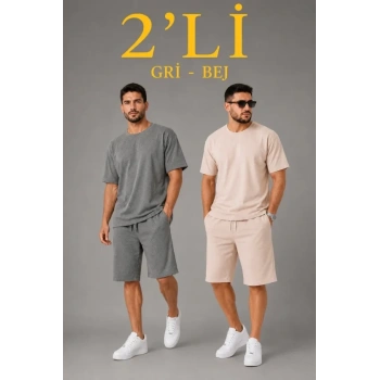 MARSiLYAN- Erkek 2’li Oversize Tişört Şort Takım Seti Yazlık İki İplik Kumaş - Gri, Bej