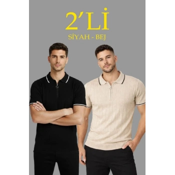 MARSiLYAN- Erkek 2’li Paket Dokuma Triko  Fermuarlı Yakalı Fitilli Kısa Kollu Regular Fit Tişört - Bej - Siyah