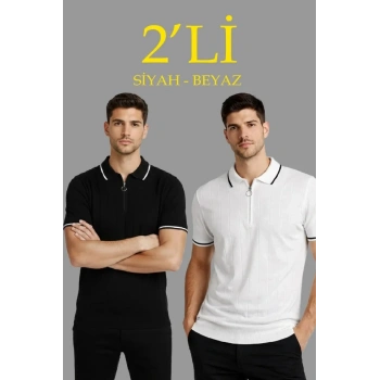 MARSiLYAN- Erkek 2’li Paket Dokuma Triko  Fermuarlı Yakalı Fitilli Kısa Kollu Regular Fit Tişört - Beyaz - Siyah