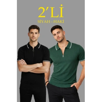 MARSiLYAN- Erkek 2’li Paket Dokuma Triko  Fermuarlı Yakalı Fitilli Kısa Kollu Regular Fit Tişört - Haki - Siyah