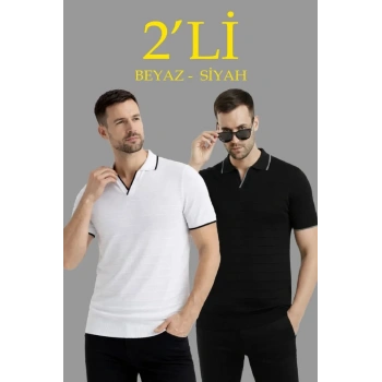 MARSiLYAN- Erkek 2’li Paket Triko Yakalı Düğmesiz Açık Yaka Fitilli Kısa Kollu Regular Fit Tişört - Beyaz - Siyah