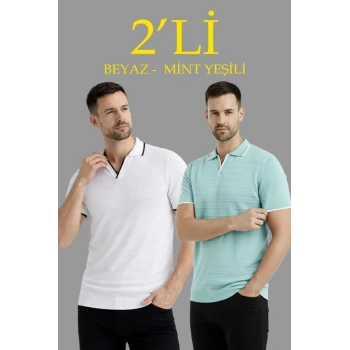 MARSiLYAN- Erkek 2’li Paket Triko Yakalı Düğmesiz Açık Yaka Fitilli Kısa Kollu Regular Fit Tişört - Beyaz - Mint Yeşili