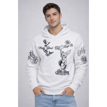 MARSiLYAN- Erkek 3 İplik Pamuklu Kapüşonlu Baskılı SweatShirt Hoodie - Beyaz