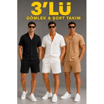 MARSiLYAN- Erkek 3’lü Krep Kumaş Cepli Gömlek Şort Takım Kısa Kollu Bağcıklı - Siyah , Beyaz , Bej