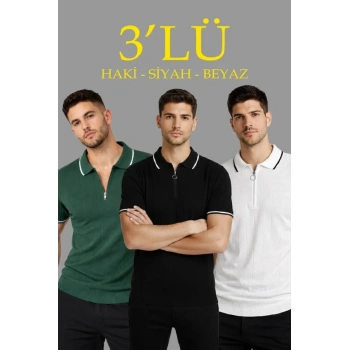 MARSiLYAN- Erkek 3’lü Paket Dokuma Triko  Fermuarlı Yakalı Fitilli Kısa Kollu Regular Fit Tişört - Beyaz, Haki, Siyah
