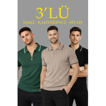 MARSiLYAN- Erkek 3’lü Paket Dokuma Triko  Fermuarlı Yakalı Fitilli Kısa Kollu Regular Fit Tişört - Kahverengi, Haki, Siyah