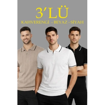 MARSiLYAN- Erkek 3’lü Paket Dokuma Triko  Fermuarlı Yakalı Fitilli Kısa Kollu Regular Fit Tişört - Kahverengi, Beyaz, Siyah