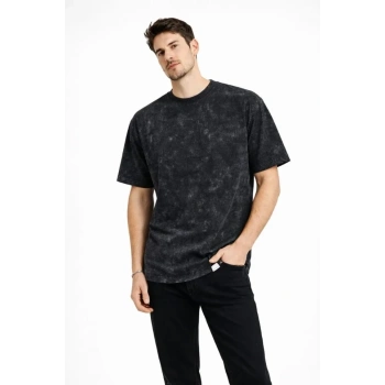 MARSiLYAN- Erkek Asit Yıkama Bisiklet Yaka Kısa Kollu Oversize T-Shirt Tişört - Siyah