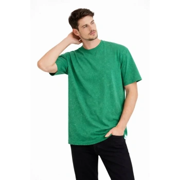 MARSiLYAN- Erkek Asit Yıkama Bisiklet Yaka Kısa Kollu Oversize T-Shirt Tişört - Yeşil