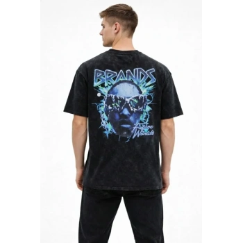 MARSiLYAN- Erkek Asit Yıkamalı Oversize Tişört Future Worlds Baskılı Bisiklet Yaka Kısa Kollu Streetwear %100 Pamuk Street Style T-Shirt - Siyah