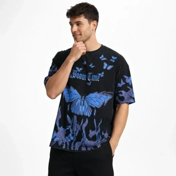 MARSiLYAN- Erkek Asit Yıkamalı Oversize Tişört Mavi Kelebek Baskılı Dijital Print Bisiklet Yaka Streetwear T-Shirt - Siyah