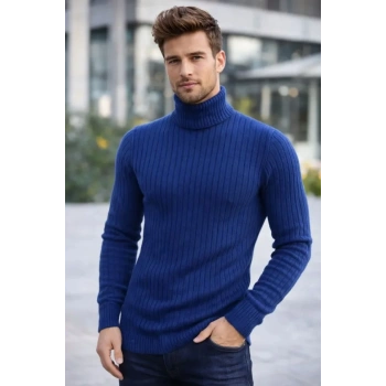 MARSiLYAN- Erkek Balıkcı Yaka Bağazlı Triko Kazak Pamuklu Kalın Fitilli Dokuma, Regular Fit Uzun Kollu Kışlık Model - İndigo