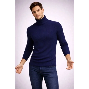 MARSiLYAN- Erkek Balıkcı Yaka Bağazlı Triko Kazak Pamuklu Kalın Fitilli Dokuma, Regular Fit Uzun Kollu Kışlık Model - Lacivert