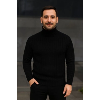 MARSiLYAN- Erkek Balıkcı Yaka Bağazlı Triko Kazak Pamuklu Kalın Fitilli Dokuma, Regular Fit Uzun Kollu Kışlık Model - Siyah