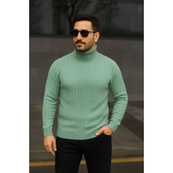 MARSiLYAN- Erkek Balıkcı Yaka Bağazlı Triko Kazak Pamuklu Kalın Fitilli Dokuma, Regular Fit Uzun Kollu Kışlık Model - Mint Yeşili