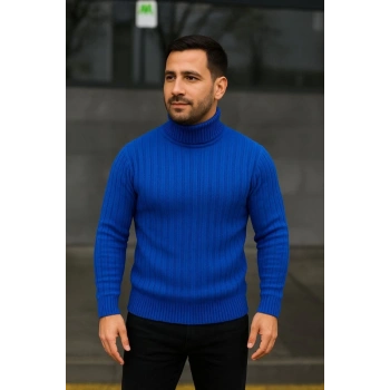 MARSiLYAN- Erkek Balıkcı Yaka Bağazlı Triko Kazak Pamuklu Kalın Fitilli Dokuma, Regular Fit Uzun Kollu Kışlık Model - Saks Mavisi