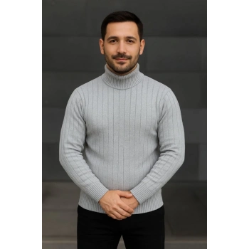 MARSiLYAN- Erkek Balıkcı Yaka Bağazlı Triko Kazak Pamuklu Kalın Fitilli Dokuma, Regular Fit Uzun Kollu Kışlık Model - Gri