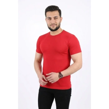 MARSiLYAN- Erkek Basic Tişört Bisiklet Yaka Kısa Kol Günlük Yazlık Slim Fit T-Shirt - Kırmızı