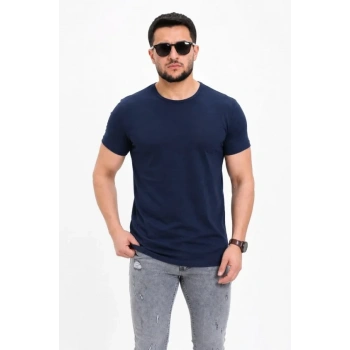 MARSiLYAN- Erkek Basic Tişört Bisiklet Yaka Kısa Kol Günlük Yazlık Slim Fit T-Shirt - Lacivert