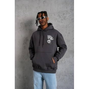 MARSiLYAN- Erkek Baskılı Kapşonlu Sweat - Füme