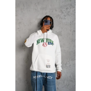 MARSiLYAN- Erkek Baskılı Kapüşonlu Sweatshirt - Beyaz