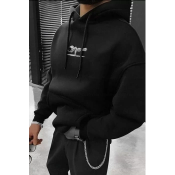 MARSiLYAN- Erkek Baskılı Kapüşonlu Ve Kordon İpli Sweat - Siyah