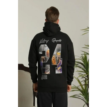 MARSiLYAN- Erkek Baskılı Oversize Üç İplik Kapüşonlu Sweatshirt - Siyah