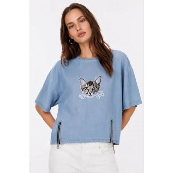 MARSiLYAN- Erkek Baskılı T-Shirt Kısa Kol Bisiklet Yaka Rahat Kalıp Tişört - Mavi