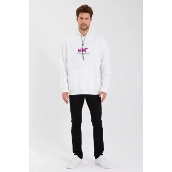 MARSiLYAN- Erkek Baskılı Üç İplik Kapüşonlu Oversize Sweatshirt - Beyaz