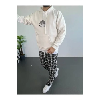 MARSiLYAN- Erkek Baskılı Üç İplik Kapüşonlu Oversize Sweatshirt - Beyaz