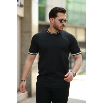 MARSiLYAN- Erkek Bisiklet Yaka çizgi Desenli Ribanalı Kısa Kollu Tshirt