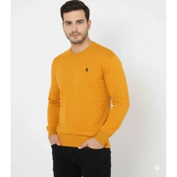 MARSiLYAN- Erkek Bisiklet Yaka Nakış Işlemeli Triko Kazak Yumuşak Dokulu Pamuklu Ince Dokuma, Uzun Kollu Rahat Regular Kalıp - Turuncu