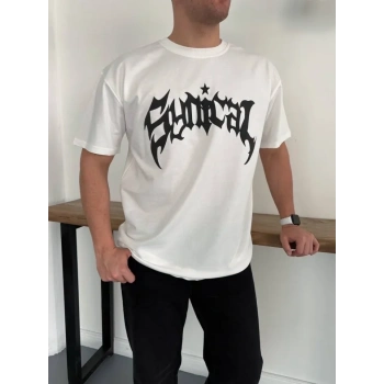 MARSiLYAN- Erkek Bisiklet Yaka Ön Baskılı Kısa Kollu Tişört Streetwear Günlük Basic Pamuklu T-shirt - Beyaz