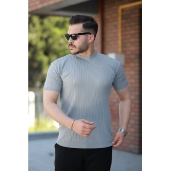 MARSiLYAN- Erkek Bisiklet Yaka örgü Desenli Kısa örme Triko Kısa Kollu T-shirt