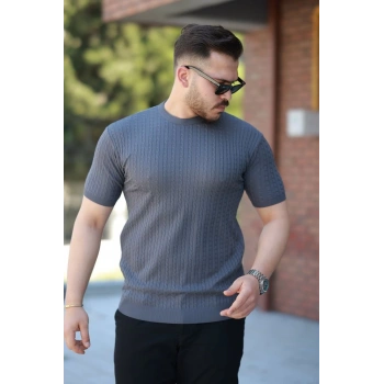 MARSiLYAN- Erkek Bisiklet Yaka örgü Desenli Kısa örme Triko Kısa Kollu Tshirt