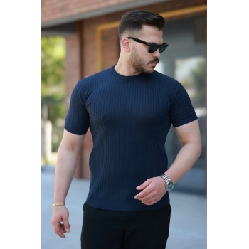 MARSiLYAN- Erkek Bisiklet Yaka örgü Desenli Kısa örme Triko Kısa Kollu Tshirt