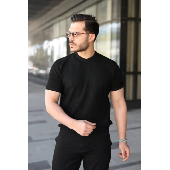 MARSiLYAN- Erkek Bisiklet Yaka Petek Dokulu Kısa Kollu Triko Tişört