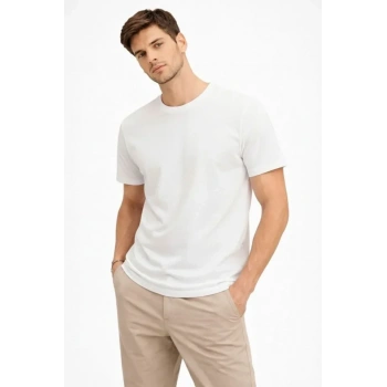 MARSiLYAN- Erkek Bisiklet Yaka Tişört Regular Kalıp Basic Pamuklu Günlük Kullanım T-shirt - Beyaz