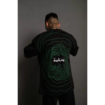 MARSiLYAN- Erkek Bisiklet Yakalı Sırt Baskılı Oversize T-Shirt - Siyah