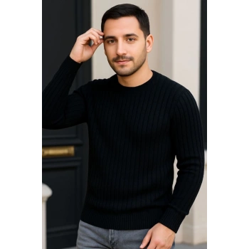 MARSiLYAN- Erkek Bisiklet Yuvarlak Yaka Triko Kazak Pamuklu Kalın Fitilli Dokuma, Regular Fit Uzun Kollu Kışlık Model - Siyah