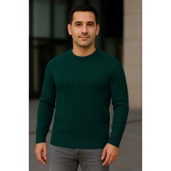 MARSiLYAN- Erkek Bisiklet Yuvarlak Yaka Triko Kazak Pamuklu Kalın Fitilli Dokuma, Regular Fit Uzun Kollu Kışlık Model - Haki