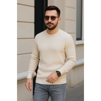 MARSiLYAN- Erkek Bisiklet Yuvarlak Yaka Triko Kazak Pamuklu Kalın Fitilli Dokuma, Regular Fit Uzun Kollu Kışlık Model - Bej