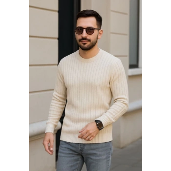 MARSiLYAN- Erkek Bisiklet Yuvarlak Yaka Triko Kazak Pamuklu Kalın Fitilli Dokuma, Regular Fit Uzun Kollu Kışlık Model - Bej